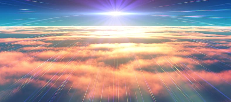 above clouds fly sunset sun ray illustration, 3d render