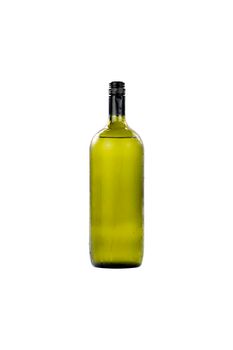 Large glass wine bottle isolated on white background.