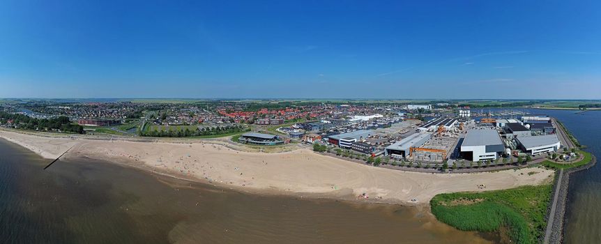 Aerial panorama from the beach and the city Lemmer at the IJsselmeer in the Netherlands