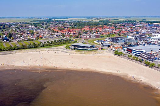 Aerial from the beach and the city Lemmer at the IJsselmeer in the Netherlands