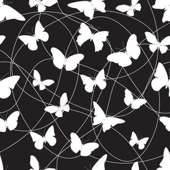 Seamless pattern of butterflies. Black and white vector illustration.