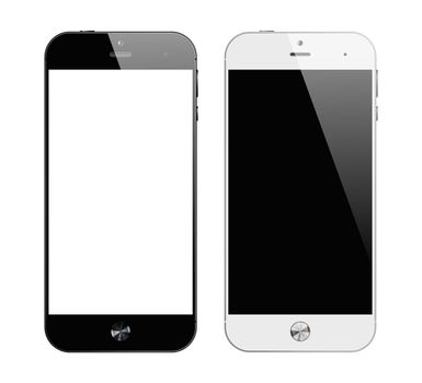 Realistic black and white smartphone similar to iphone. Mobile phone isolated on white background. Vector design smart phones.