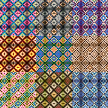 Set of 9 abstract geometric seamless backgrounds. Vector illustration.