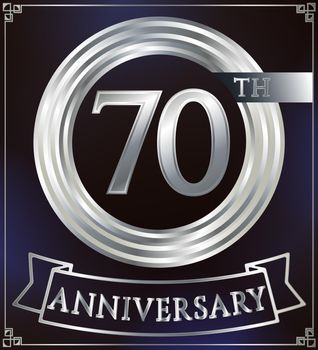 Anniversary silver ring logo number 70. Anniversary card with ribbon. Blue background. Vector illustration.