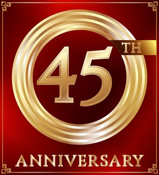 Anniversary gold ring logo number 45. Anniversary card. Red background. Vector illustration.
