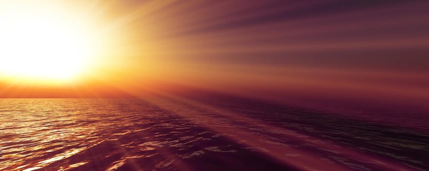 sunset sea sun ray clear sky, 3d rendering illustration