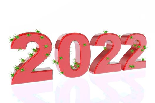 3D image of the number 2022 infected with viruses, symbolizing the danger of a pandemic and the fight against it in the new year