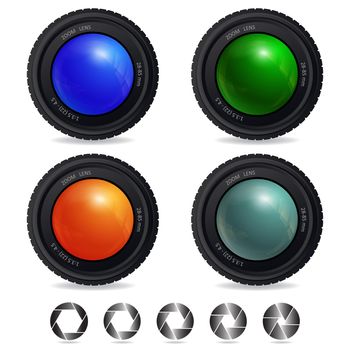 Set of camera lens with different shutter apertures. Vector illustration.