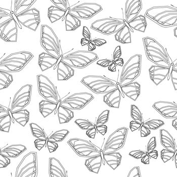 Seamless pattern of butterflies. Black and white vector illustration.