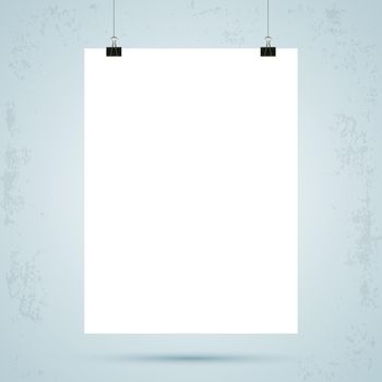Sheet of paper with binder clips. Grunge wall background. Vector illustration.