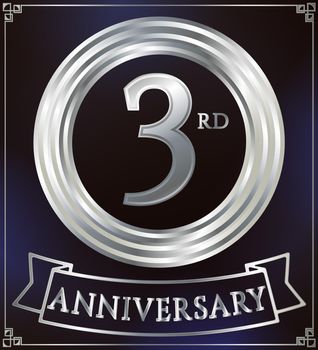 Anniversary silver ring logo number 3. Anniversary card with ribbon. Blue background. Vector illustration.