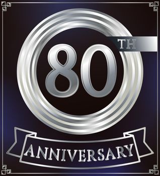 Anniversary silver ring logo number 80. Anniversary card with ribbon. Blue background. Vector illustration.