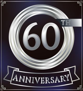 Anniversary silver ring logo number 60. Anniversary card with ribbon. Blue background. Vector illustration.