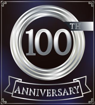 Anniversary silver ring logo number 100. Anniversary card with ribbon. Blue background. Vector illustration.
