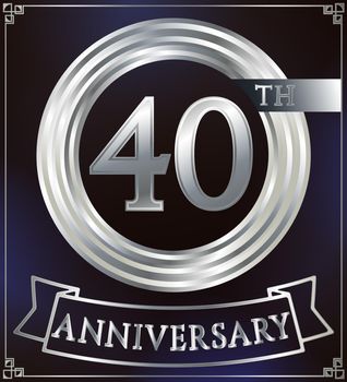 Anniversary silver ring logo number 40. Anniversary card with ribbon. Blue background. Vector illustration.