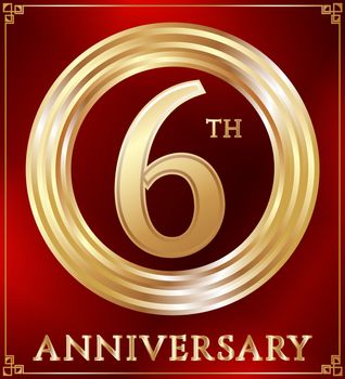 Anniversary gold ring logo number 6. Anniversary card. Red background. Vector illustration.