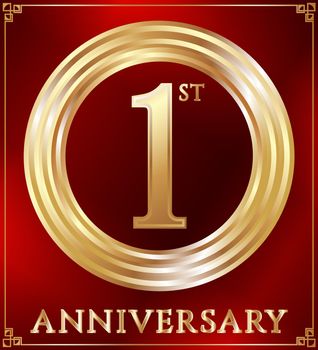 Anniversary gold ring logo number 1. Anniversary card. Red background. Vector illustration.