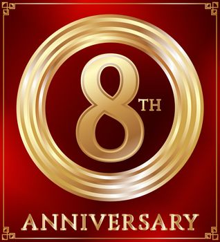 Anniversary gold ring logo number 8. Anniversary card. Red background. Vector illustration.