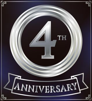 Anniversary silver ring logo number 4. Anniversary card with ribbon. Blue background. Vector illustration.