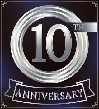 Anniversary silver ring logo number 10. Anniversary card with ribbon. Blue background. Vector illustration.