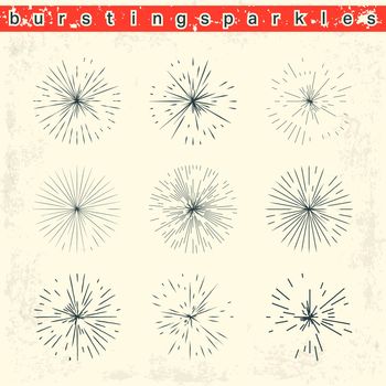 Set of circular vintage bursting sparkles on grunge background. Sunburst rays vector design.