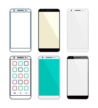 Smartphone Mobile phone set. Flat, Line and Realistic design. Smart phone isolated on white background. Vector illustration.