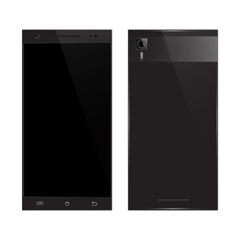 Black smartphone front, back view isolated on white background. Mobile phone vector illustration.