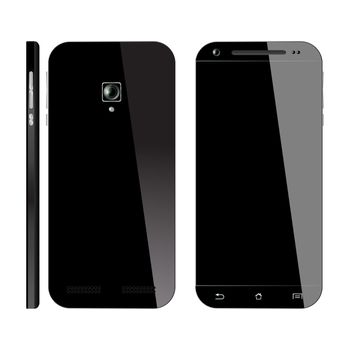 Black smartphone front, back and side view isolated on white background. Mobile phone vector illustration.