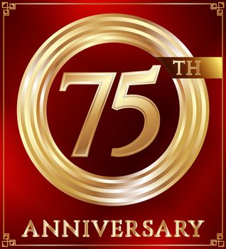 Anniversary gold ring logo number 75. Anniversary card. Red background. Vector illustration.