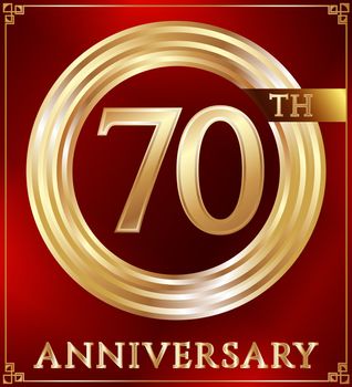 Anniversary gold ring logo number 70. Anniversary card. Red background. Vector illustration.