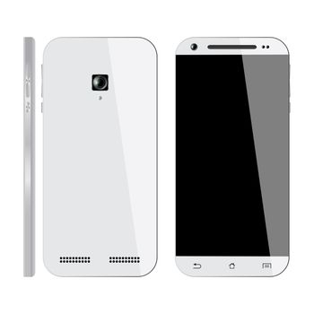 Realistic white Smartphone with blank screen, isolated on white background. Front, Back and Side view. Mockup design. Vector illustration.