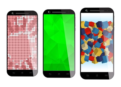 Smartphone with different Screen Saver. Realistic Mockup Smart Phone Design. Vector illustration.