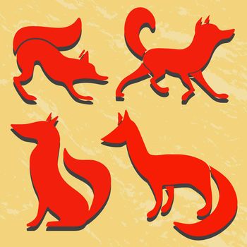 Set of red fox silhouettes. Grunge background. Vector illustration.