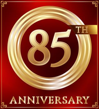 Anniversary gold ring logo number 85. Anniversary card. Red background. Vector illustration.