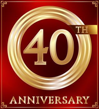 Anniversary gold ring logo number 40. Anniversary card. Red background. Vector illustration.