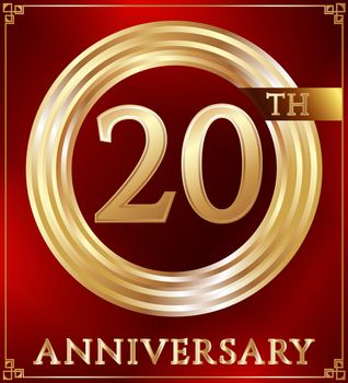 Anniversary gold ring logo number 20. Anniversary card. Red background. Vector illustration.