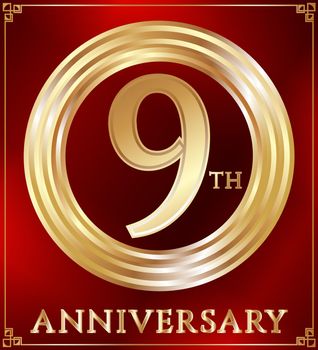 Anniversary gold ring logo number 9. Anniversary card. Red background. Vector illustration.