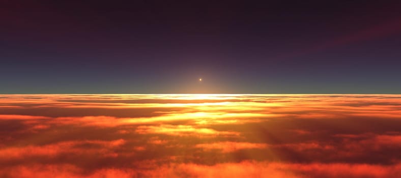 above clouds fly sunset sun ray illustration, 3d render