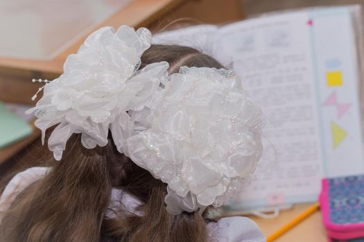 White fluffy bows on the head of a girl sitting at a school desk. The hairs are laid with white ribbons. Only the back of the head with a haircut.