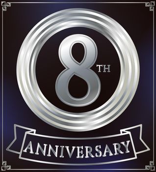 Anniversary silver ring logo number 8. Anniversary card with ribbon. Blue background. Vector illustration.