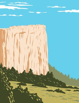 WPA poster art of Inscription Rock, a sandstone bluff in El Morro National Monument in Cibola County, New Mexico, United States done in works project administration style or federal art project style.
