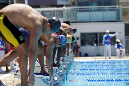 salvador, bahia, brazil - september 13, 2019: Swimmers are seen in a pool at the Aquatic Arena in the city of Salvador.