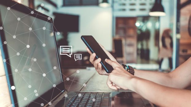  Woman use technology devices smartphone and laptop to work or study do connect communication business concept
