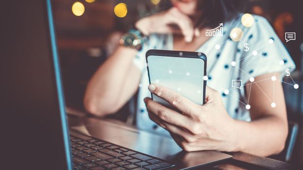  Woman use technology devices smartphone and laptop to work or study do connect communication business concept
