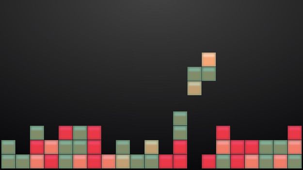 Tetris video game square template. Colored bricks game pieces. Vector illustration.