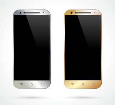 Realistic silver and gold smartphone isolated on white background. Vector design smart phones. Mobile phone front view. Vector illustration.