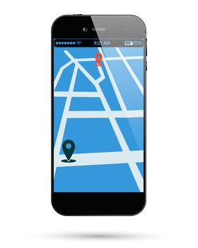 Smart phone map location. Smartphone location mark map. Mobile phone location point. Vector illustration.