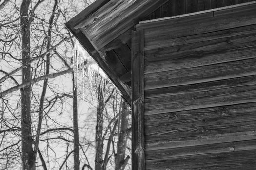 Icicles hang from the roof of a wooden house on a warm, cloudy day. Against the background of a gray sky, branches of a tall tree. Abnormal weather concept. New Year's and Christmas is over.