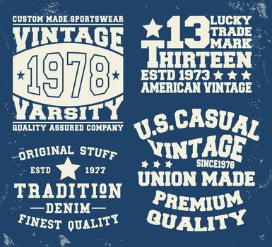 T-shirt print design. Set vintage stamp. Printing and badge applique label t-shirts, jeans, casual wear. Vector illustration.