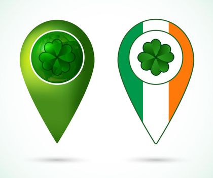 St. Patrick day icon for posters, greeting cards, brochures. Green clover with location mark and Ireland flag. Clover on globe with location mark. Vector illustration.